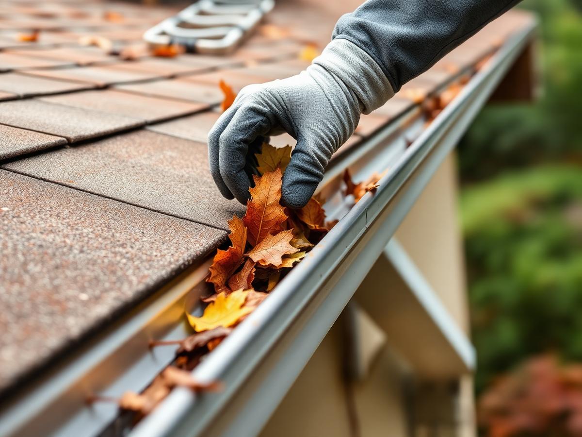 Nettoyage d'une gouttière encombrée de feuilles sur un toit