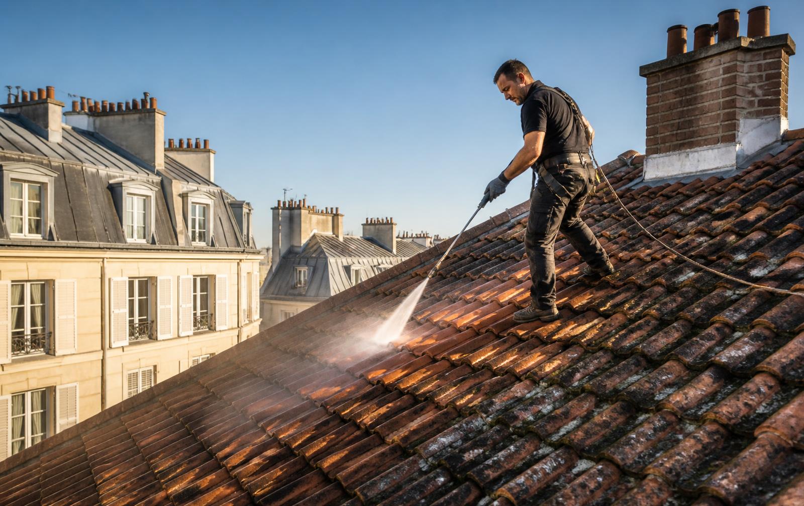 Couvreur nettoyant une toiture en tuiles à Châtellerault
